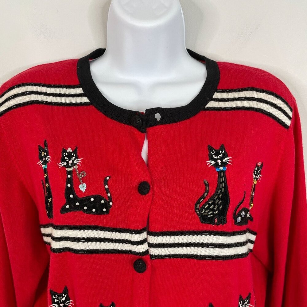 VINTAGE Berek Womens BLACK CAT Cardigan Sweater Size M Red Beaded ART‎ TO WEAR
